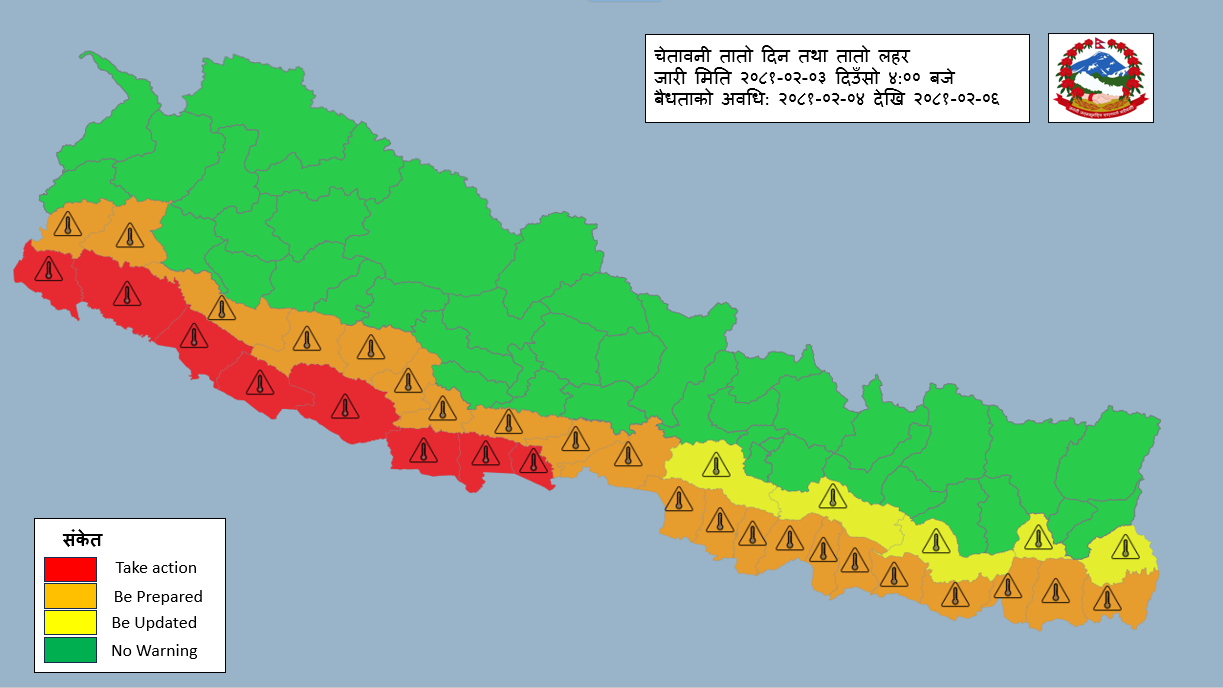 काठमाडौंको तापक्रम ३३ डिग्री नाघ्ने, २ दिन देशभर तातो हावा चल्ने